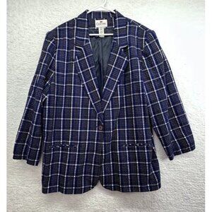 Vintage Courtenay Womens Wool Blazer Sz 20 Navy Blue Plaid Shoulder Pads Lined